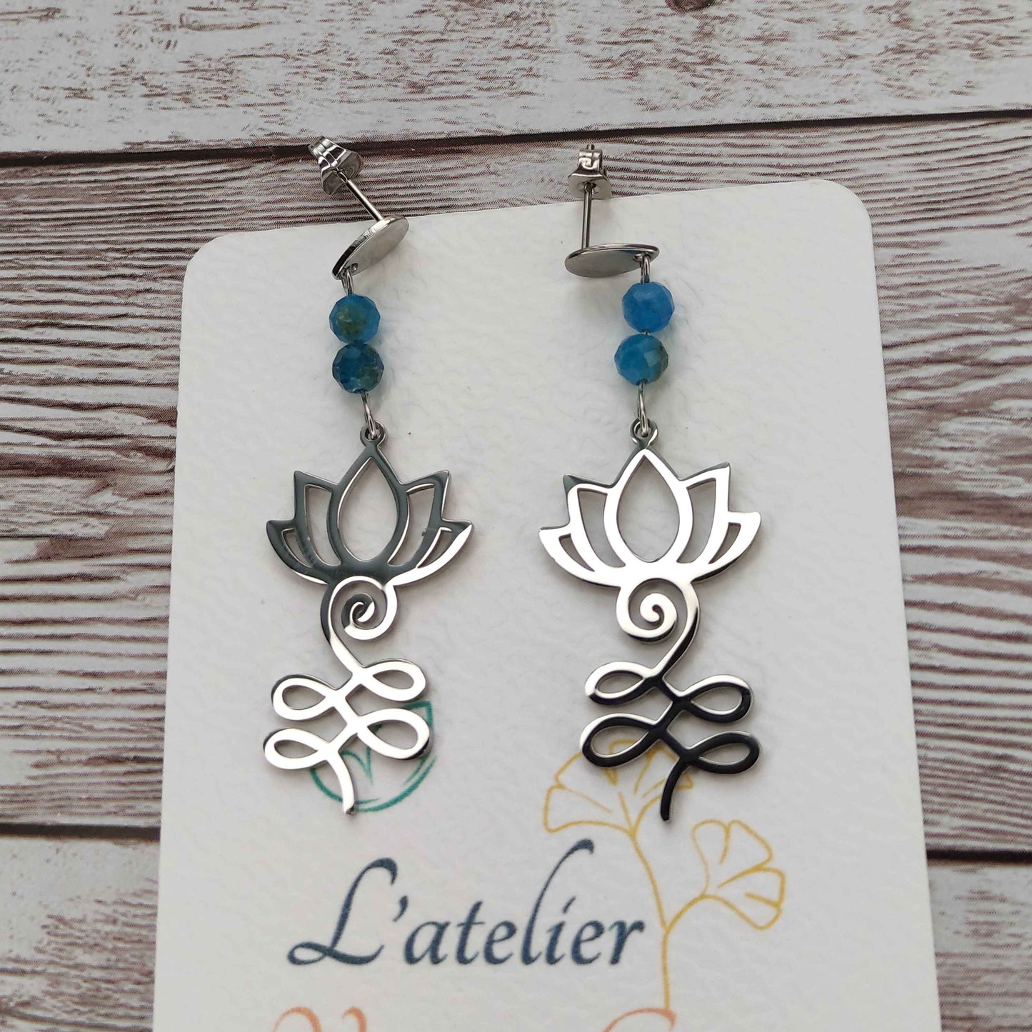Boucles d'oreilles Lotus pierre Apatite L'Atelier VanessaCréa