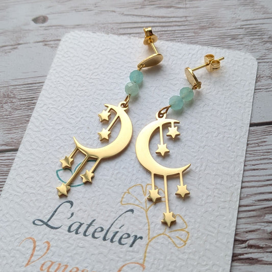 Boucles d'oreilles lune et étoiles dorées sur support L'atelier Vanessa Créa.