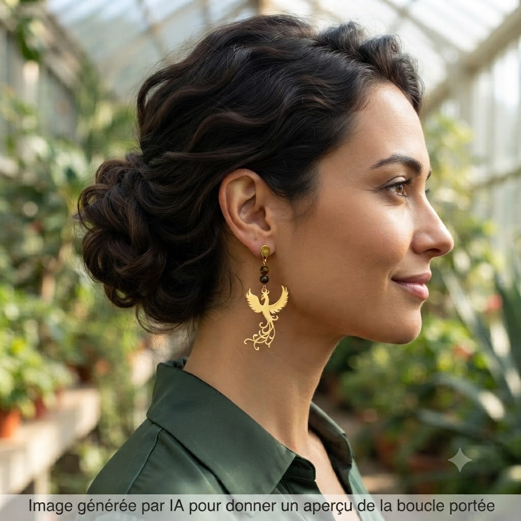 Femme portant des boucles d'oreilles pendantes phénix dorées en extérieur.