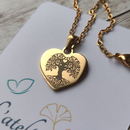 Collier cœur arbre de vie en acier inoxydable doré poli miroir avec gravure personnalisée.