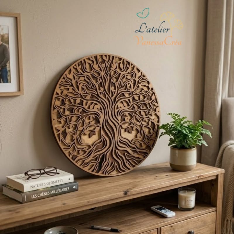 Arbre de Vie décoratif en bois teinté brou de noix, posé sur une console dans une décoration d'intérieur naturelle et zen.