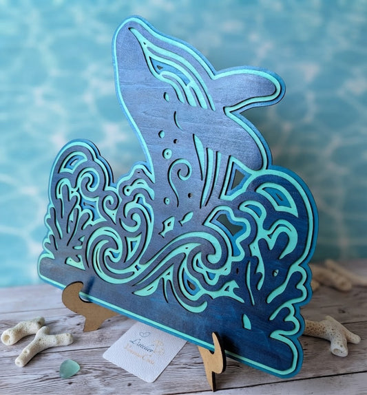 Décoration murale baleine en bois en 3 couches sur support