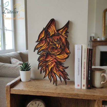 Décoration murale chat en bois posée sur un meuble dans un salon, apportant une touche chaleureuse à la décoration d'intérieur.
