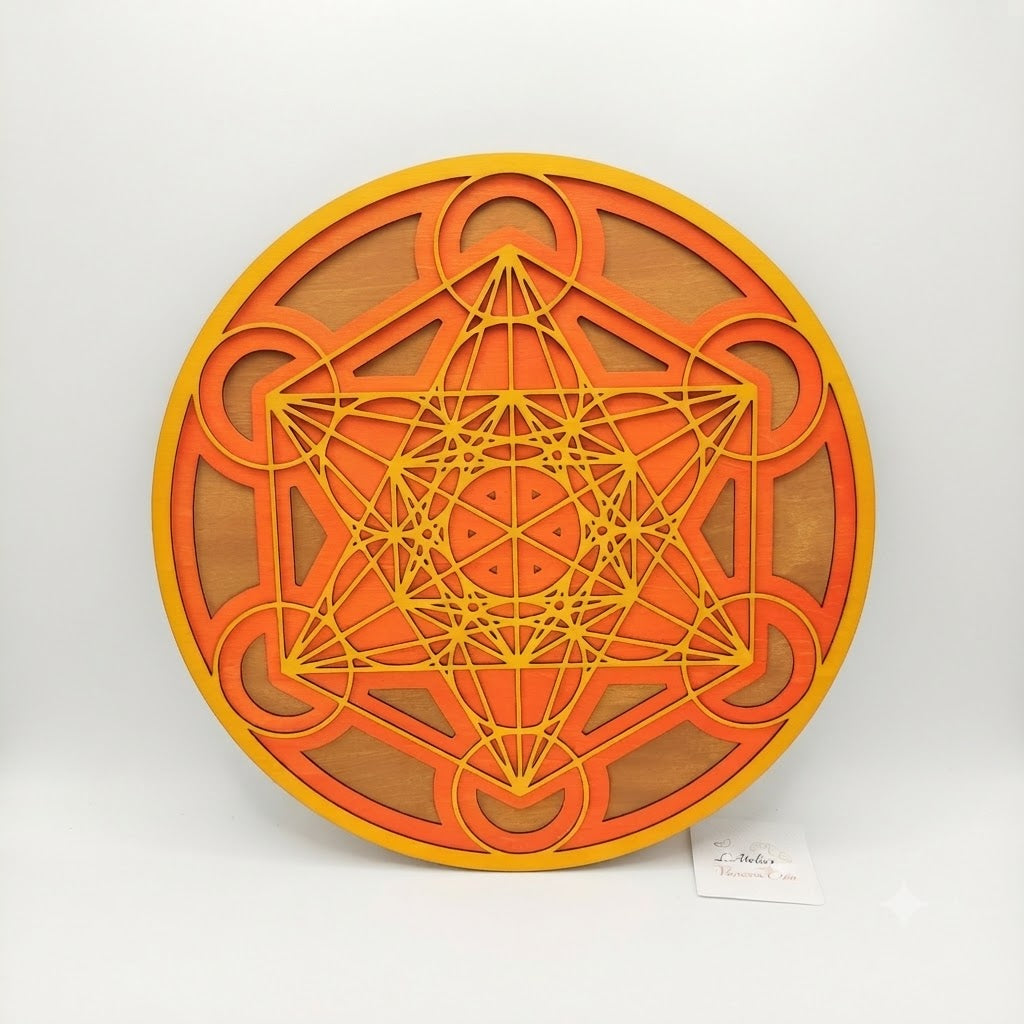 Décoration murale géométrie sacrée Cube de Métatron oranger en bois