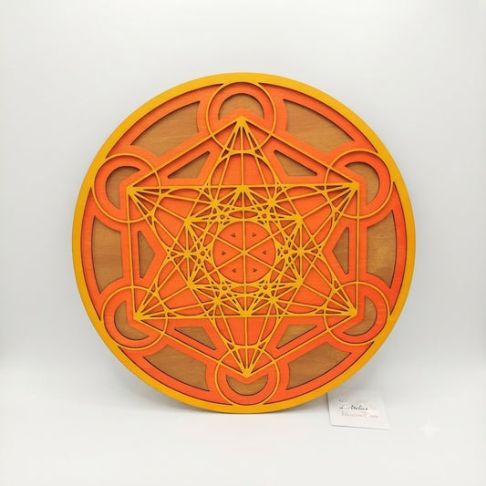 Décoration murale géométrie sacrée Cube de Métatron oranger en bois