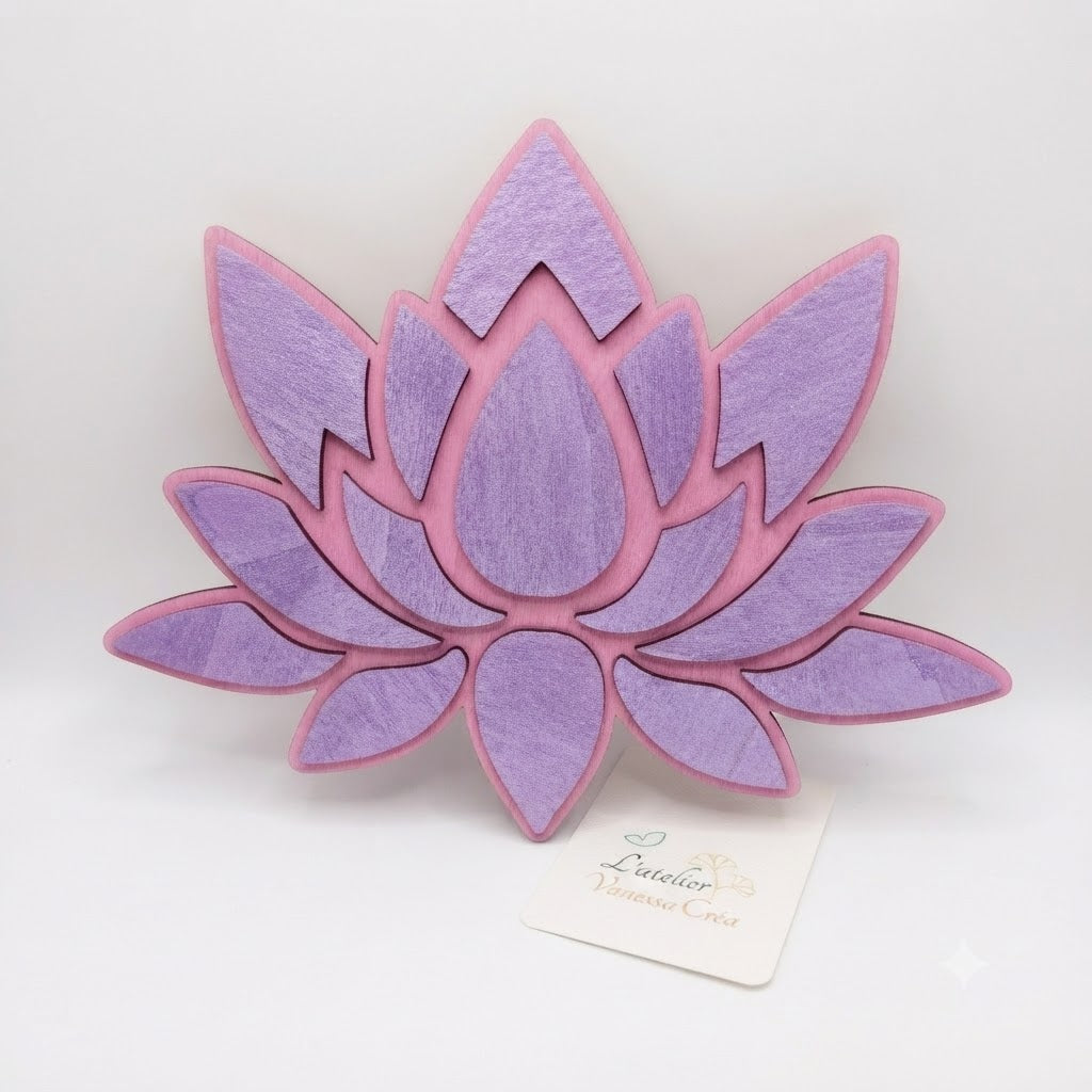 Décoration murale fleur de lotus en bois violet et rose