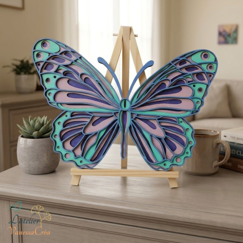 Décoration papillon en bois posée sur un meuble dans un salon, ajoutant une touche poétique et naturelle à la pièce.