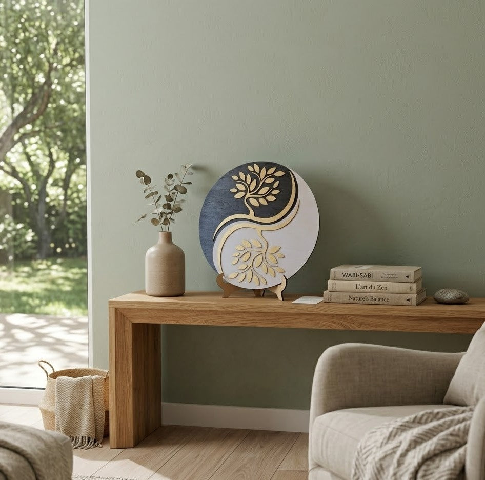 Décoration murale Yin et Yang Arbre de Vie mise en situation sur une console dans un salon au style zen.