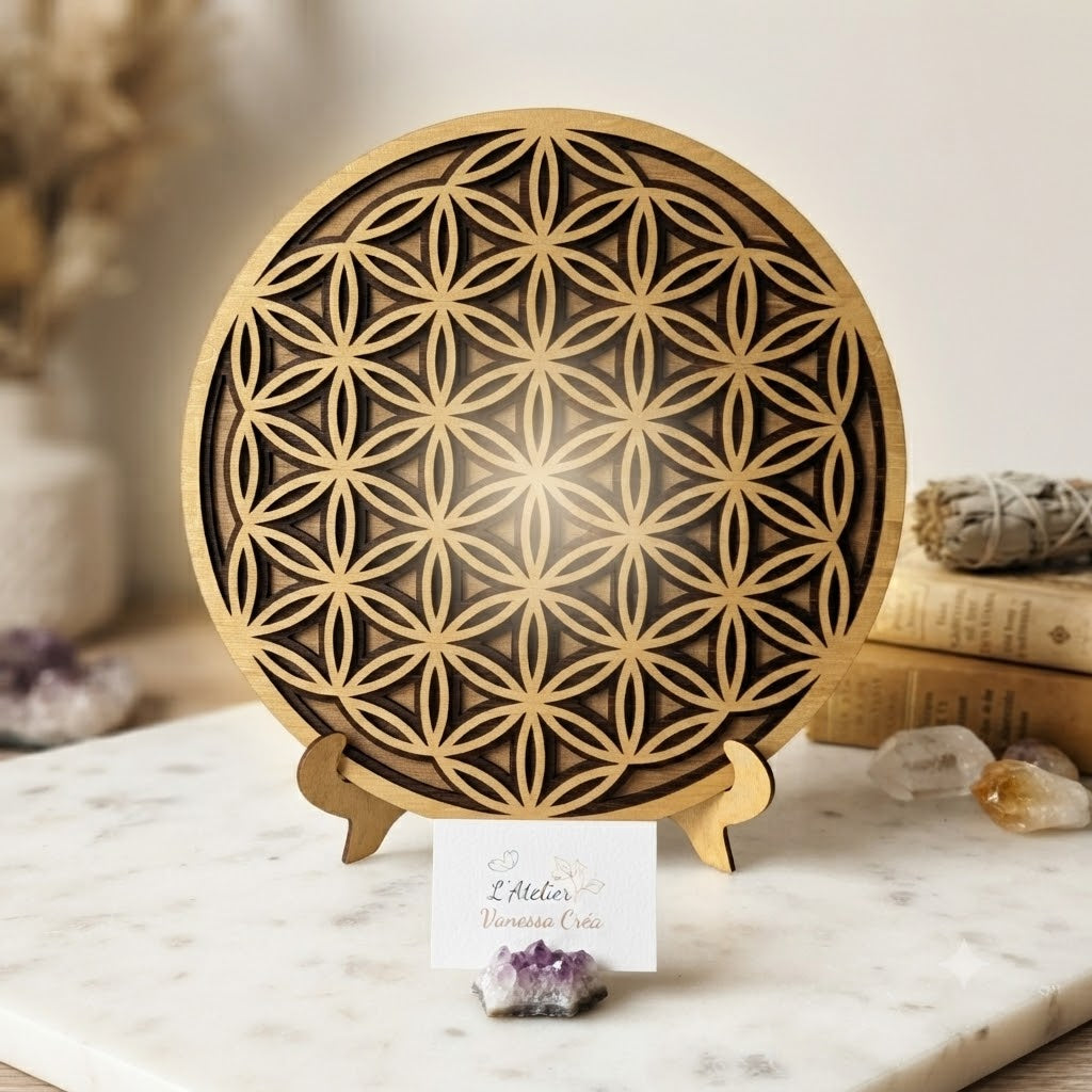Décoration murale Fleur de Vie bois dans une ambiance zen avec cristaux