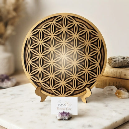 Décoration murale Fleur de Vie bois dans une ambiance zen avec cristaux
