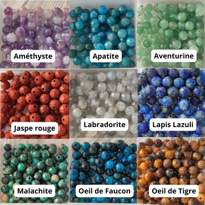 Palette des pierres naturelles disponibles pour la collection Vanessa Créa (Améthyste, Apatite, Aventurine, Jaspe rouge, Labradorite, Lapis Lazuli, Malachite, Œil de Faucon, Œil de Tigre)