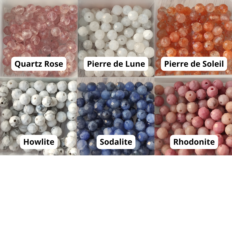 Palette des pierres naturelles disponibles pour la collection Vanessa Créa (Quartz Rose, Pierre de Lune, Pierre de Soleil, Howlite, Sodalite, Rhodonite)