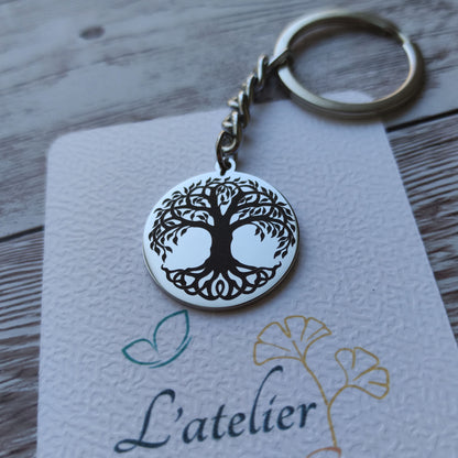 Porte-clés rond en acier poli miroir avec gravure de précision Arbre de Vie motif arabesque.