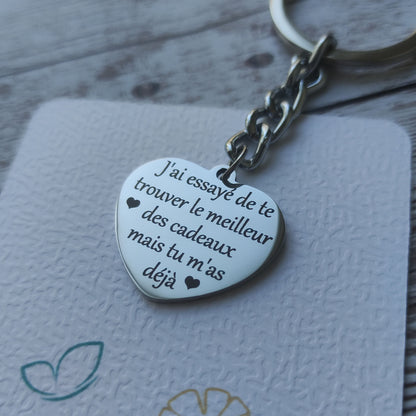 Porte-clés cœur gravé cadeau en acier poli miroir avec message "tu m'as déjà".