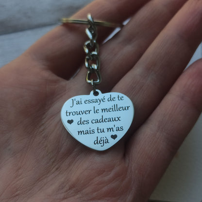 Porte-clés cœur gravé cadeau en acier poli miroir avec message "tu m'as déjà".