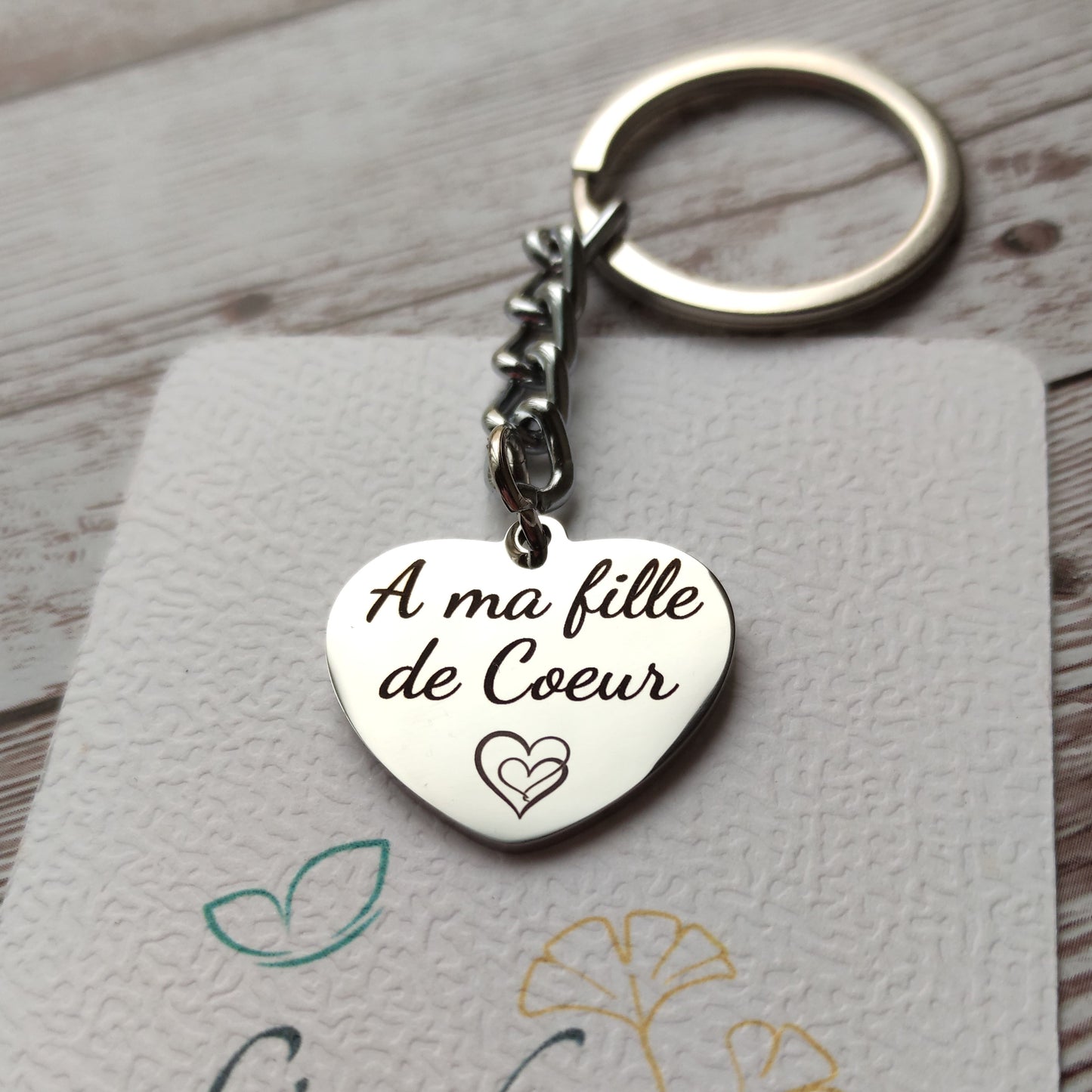 Porte-clés en forme de cœur poli miroir avec gravure À ma fille de cœur.