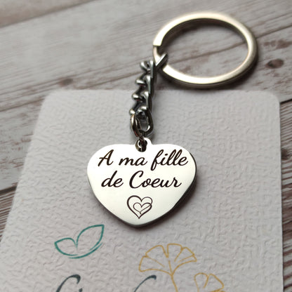 Porte-clés en forme de cœur poli miroir avec gravure À ma fille de cœur.