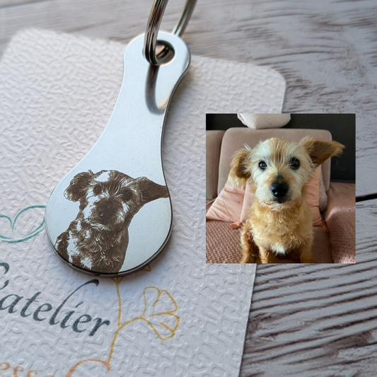 Comparatif entre le porte-clés jeton de caddie photo personnalisé et la photo originale du chien de compagnie.