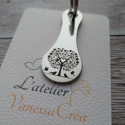 Porte-clés jeton de caddie en acier inoxydable gravé d'un Arbre de Vie stylisé, L'Atelier VanessaCréa.