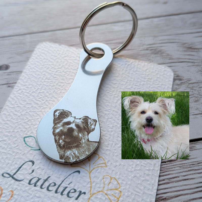 Exemple de personnalisation de porte-clés jeton de caddie photo avec le portrait d'un autre chien.