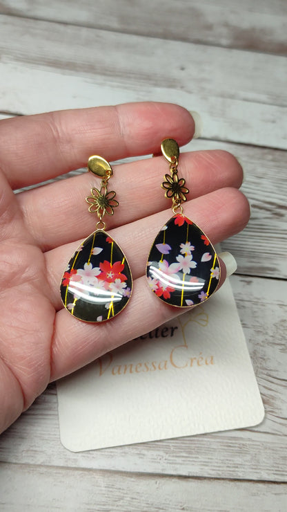 Boucles d'Oreilles "Goutte d’Orient" – Acier Inox & Éclats de Japon