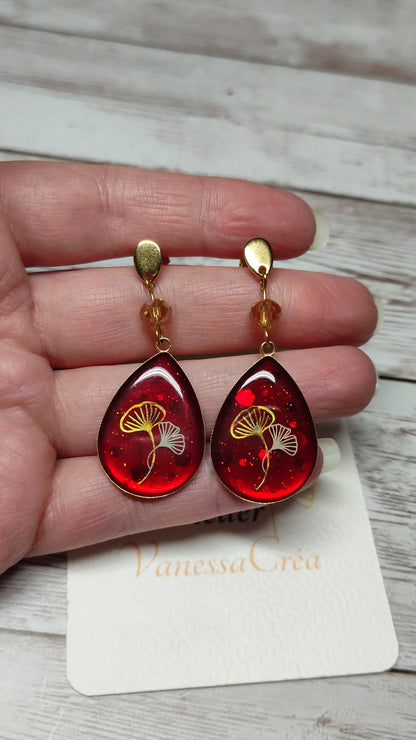 Éclat d'Automne – Boucles Gouttes Gingko & Cristal