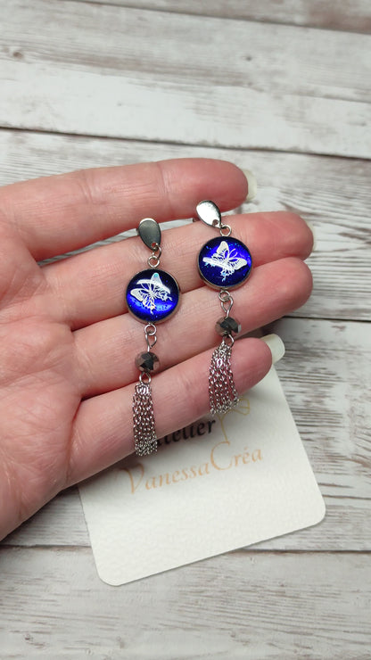 Boucles d’Oreilles "Éclat de Papillon" – Bleu Scintillant & Cascades d'Acier